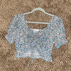 Floral crop top blouse in greenish blue